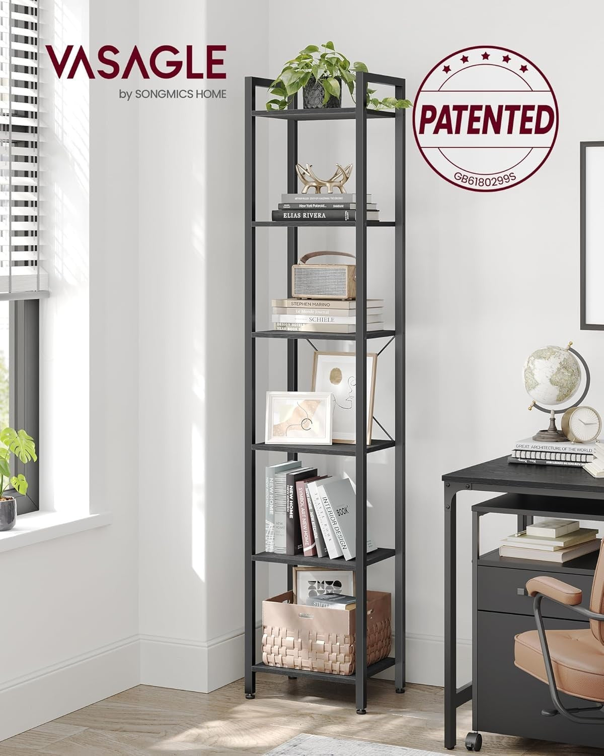 6-Tier Industrial Bookshelf 187.5cm Tall Slim Storage Unit Sturdy Steel Wood