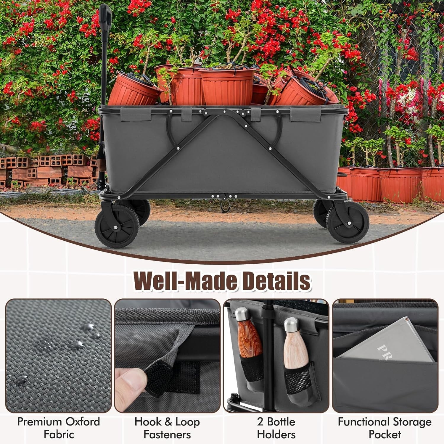 Grey Folding Camping Wagon 170L Heavy Duty Collapsible Garden Cart w/ Handle