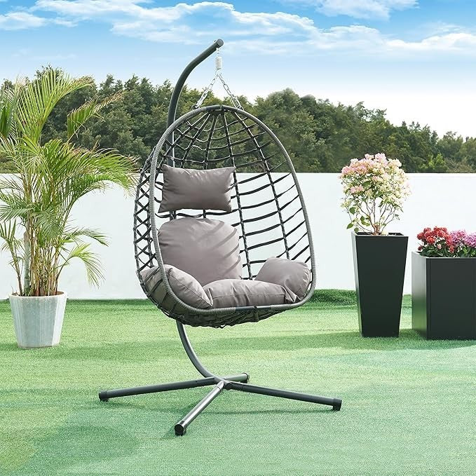Hanging Egg Chair with Stand Outdoor Indoor Swing Seat Grey Rattan Cushion