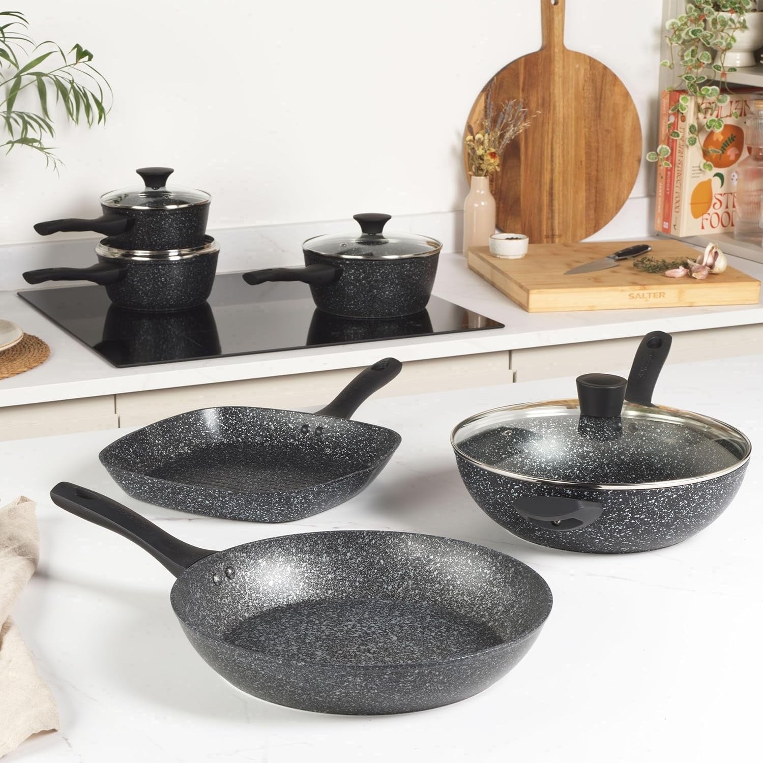 5 Pcs Granite Non Stick Pot & Pan Set with Tempered Glass Lid Induction Suitable