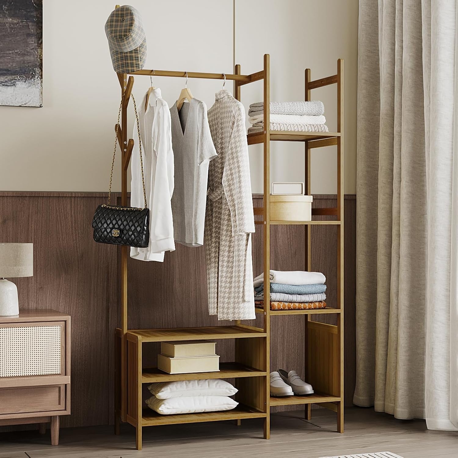 Bamboo Clothes Rail with 6 Shelves & Hooks, Tea Wardrobe