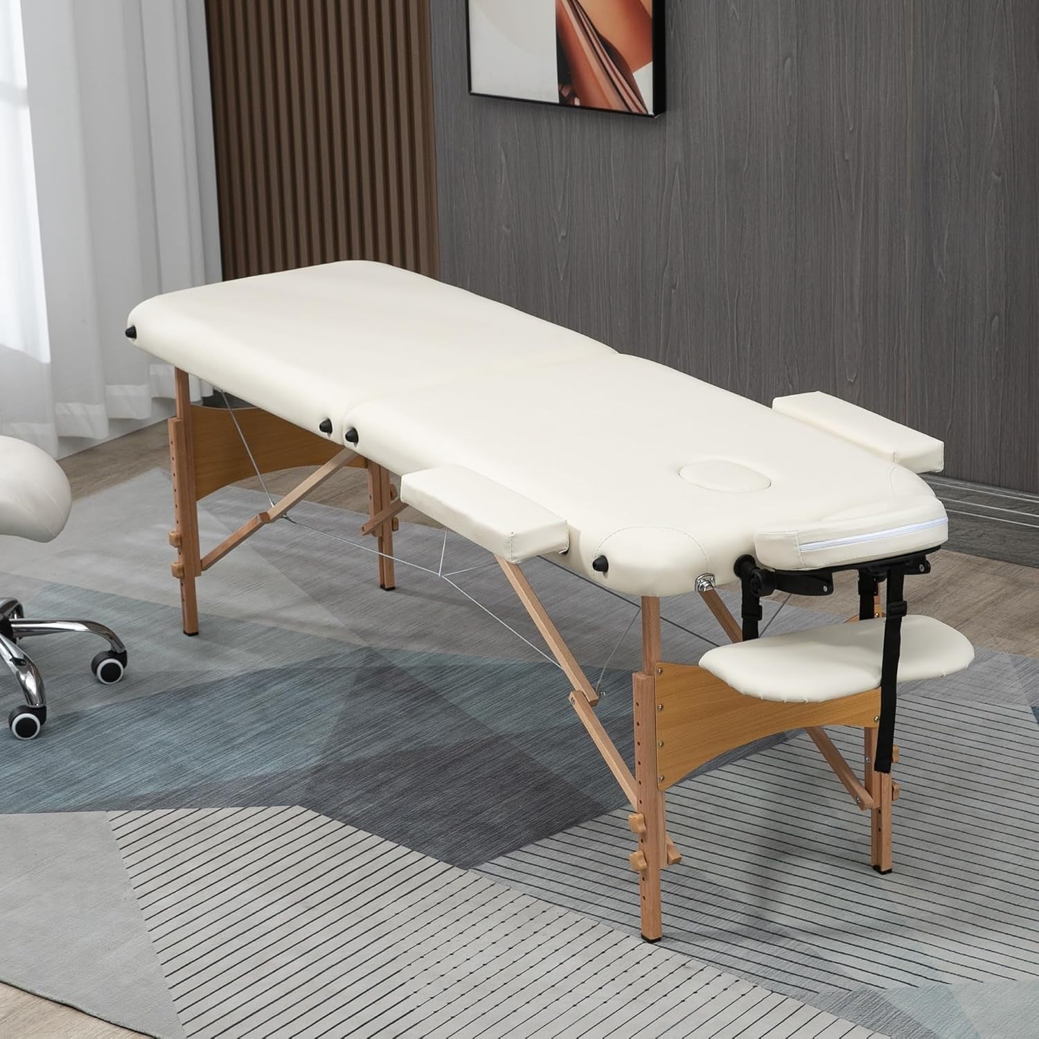 Portable Massage Table Folding 2-Section Wooden Beauty Spa Bed w/ Bag Cream