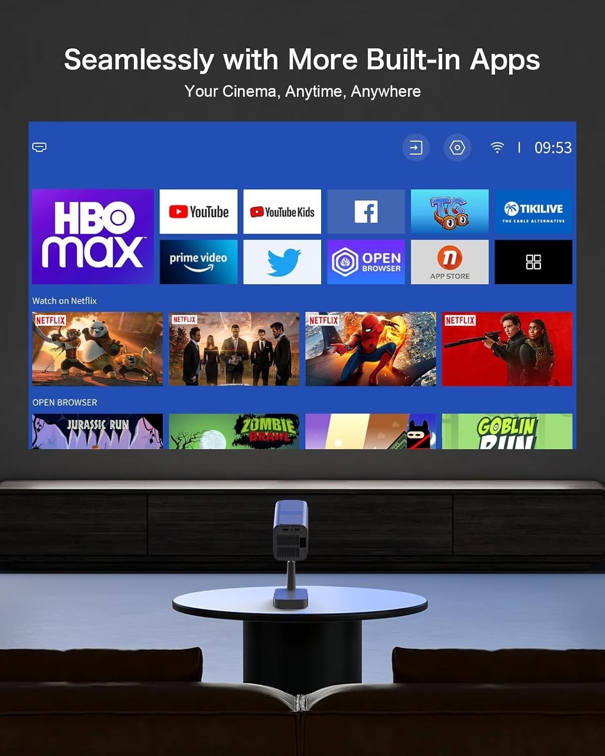 Android TV WiFi6 Mini Projector 180° Stand Auto Keystone Gaming
