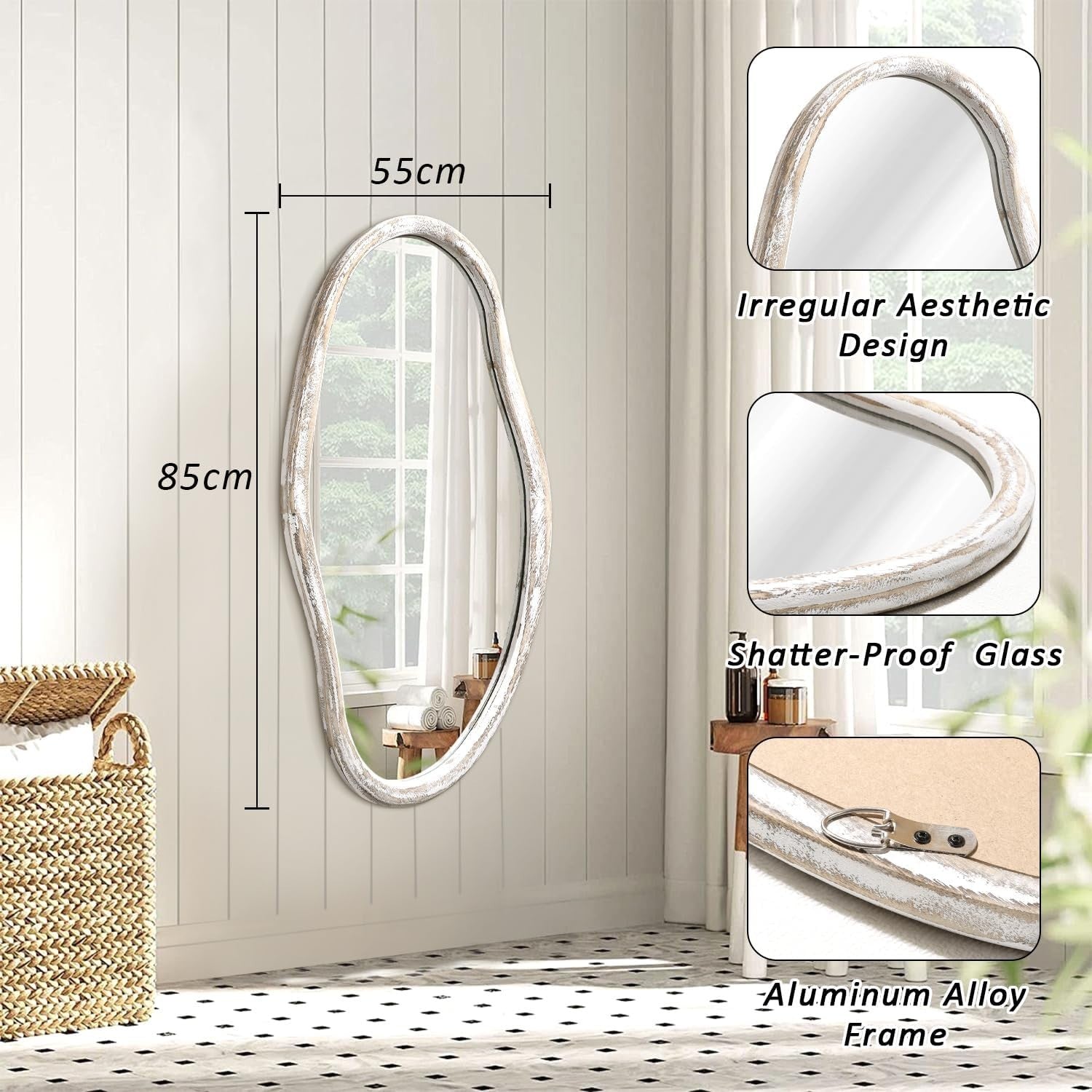 85x55cm Irregular Wall Mirror White Frame Modern Hallway Bathroom Decor