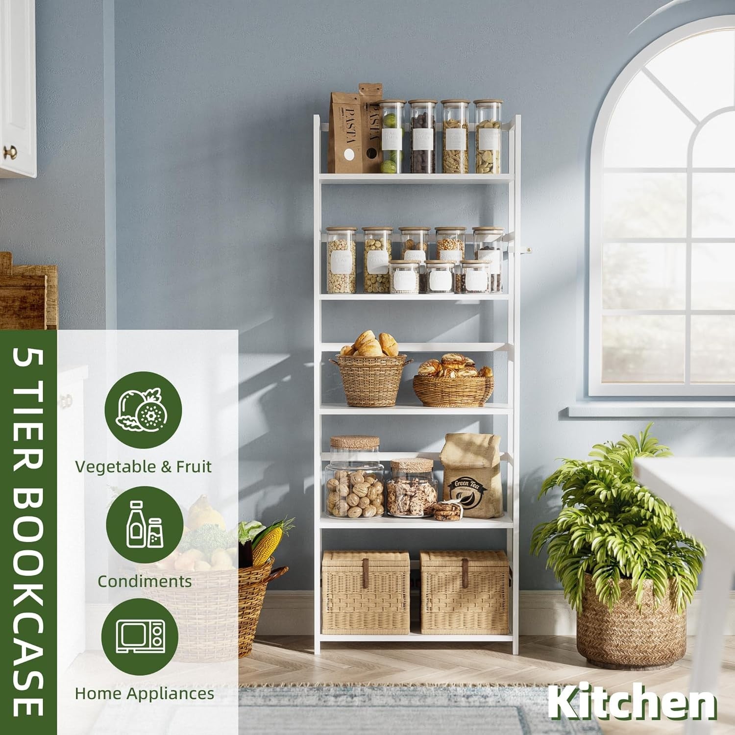 White 5-Tier Industrial Bookshelf, Tall Bamboo Frame Display Storage Unit