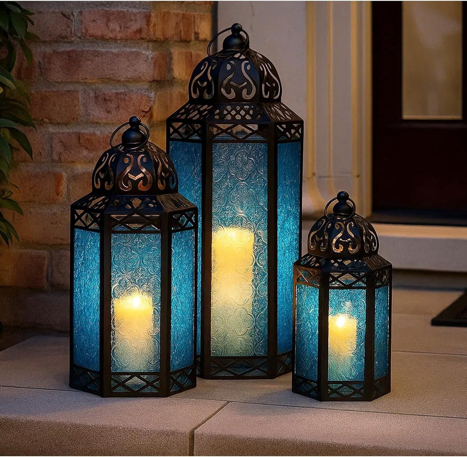 Set of 3 Blue Moroccan Candle Lanterns Home Decor