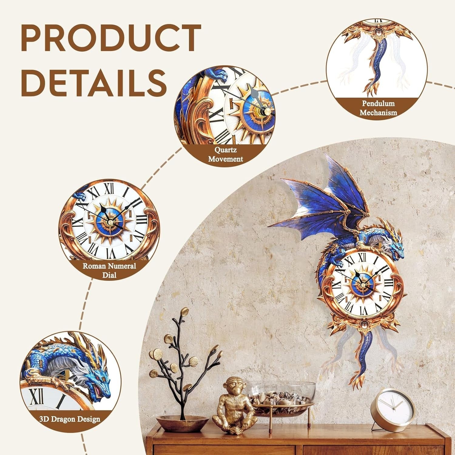 3D Blue Dragon Clock Puzzle Wooden Wall Art Timepiece Home Decor