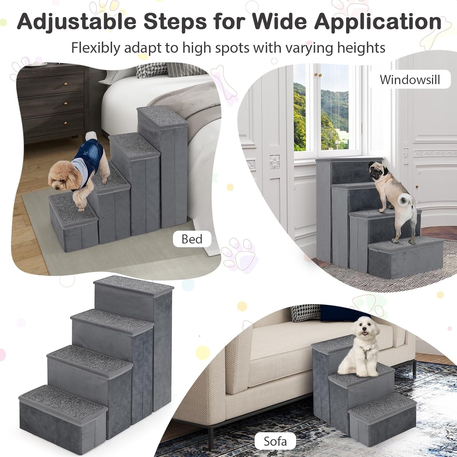 4-Step Non-Slip Dog Stairs with Storage – Grey 58 cm H