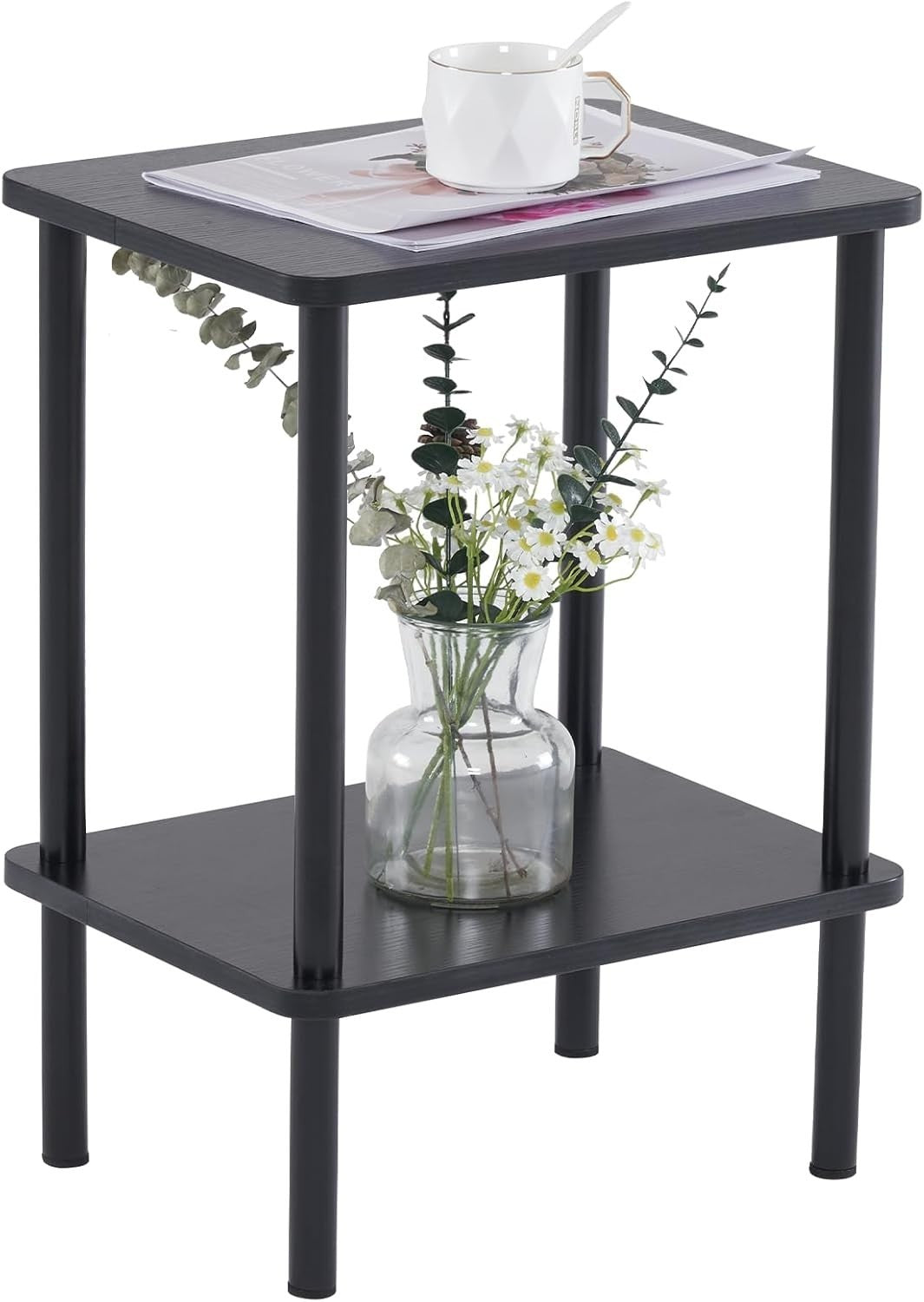 Black 2-Tier Narrow Side Table with Storage Shelf – Slim Bedside End Table