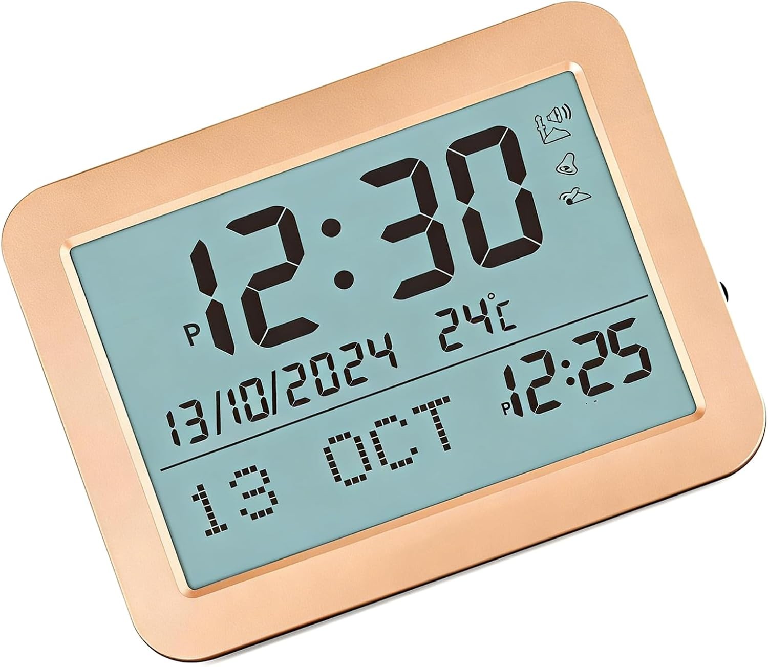 Gold Metal LCD Alarm Clock Large Display Date Temp Backlit Bedside