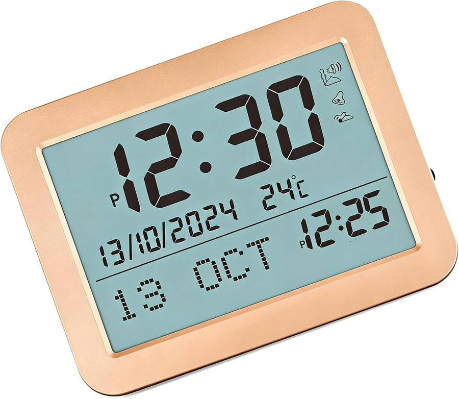 Gold Metal LCD Alarm Clock Large Display Date Temp Backlit Bedside