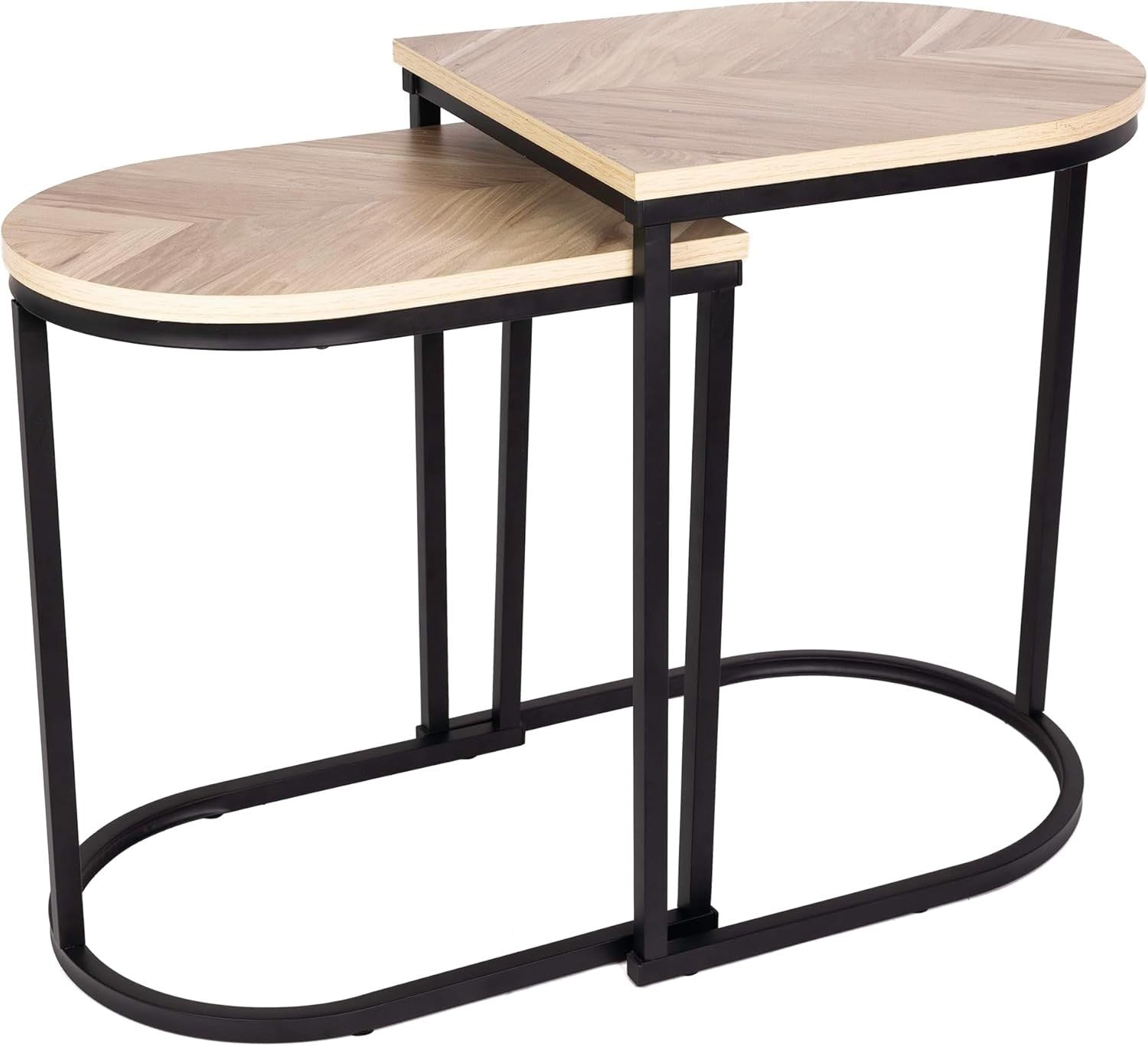 2 Nesting End Tables Black Metal Oak Finish Living Room Side Lamp Set