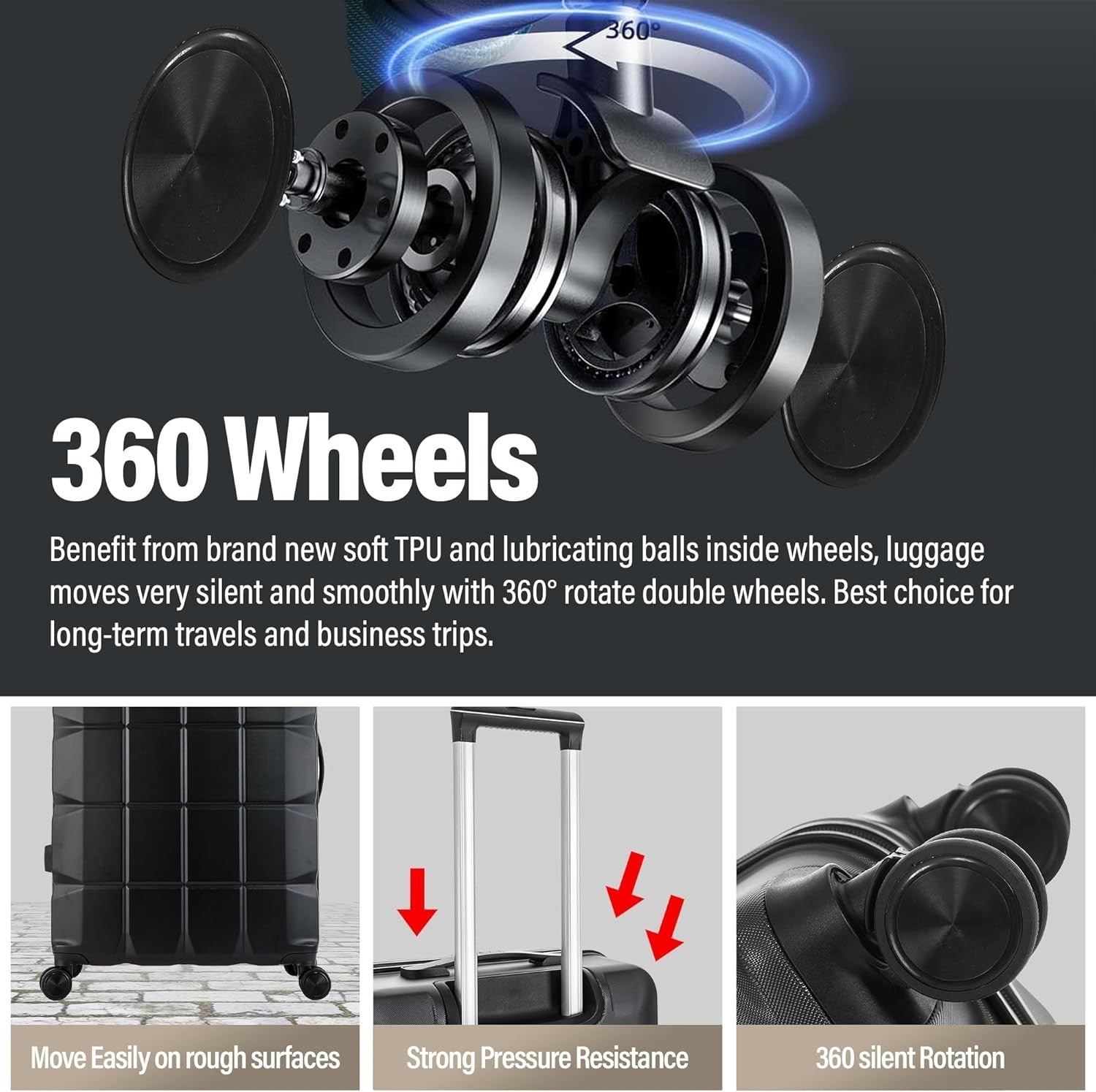 Medium ABS Hard Shell Suitcase 4 Dual Spinner Wheels TSA Lock 65L Black