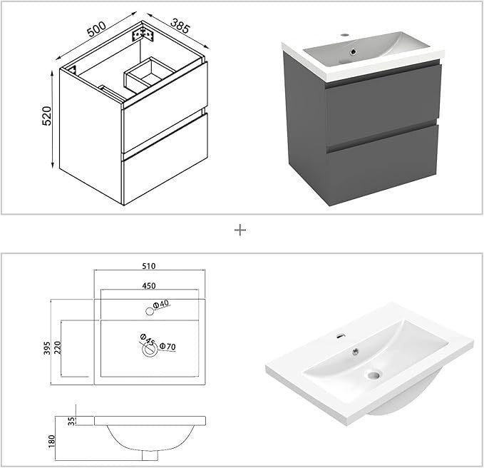 500mm Wall Hung Bathroom Vanity Unit with Basin Sink 2 Drawer Storage Cabinet