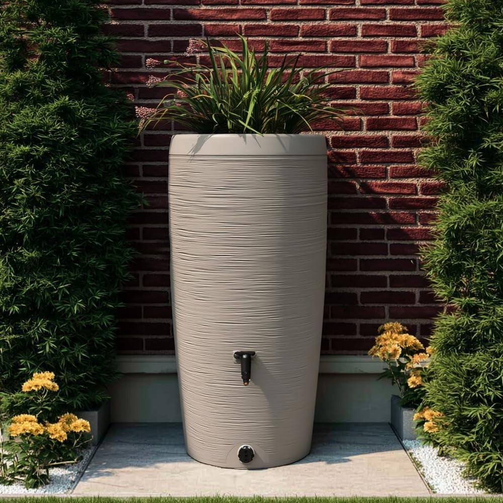 240L Light Grey Rainwater Tank with Planter Top Tap Connector Kit Garden Barrel