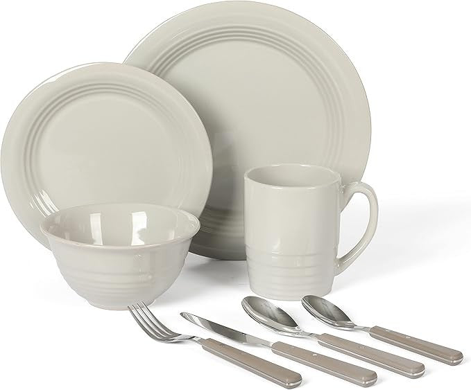 32pc Stoneware Dinnerware & Cutlery Set Service for 4 Grey Plates Bowls Mugs