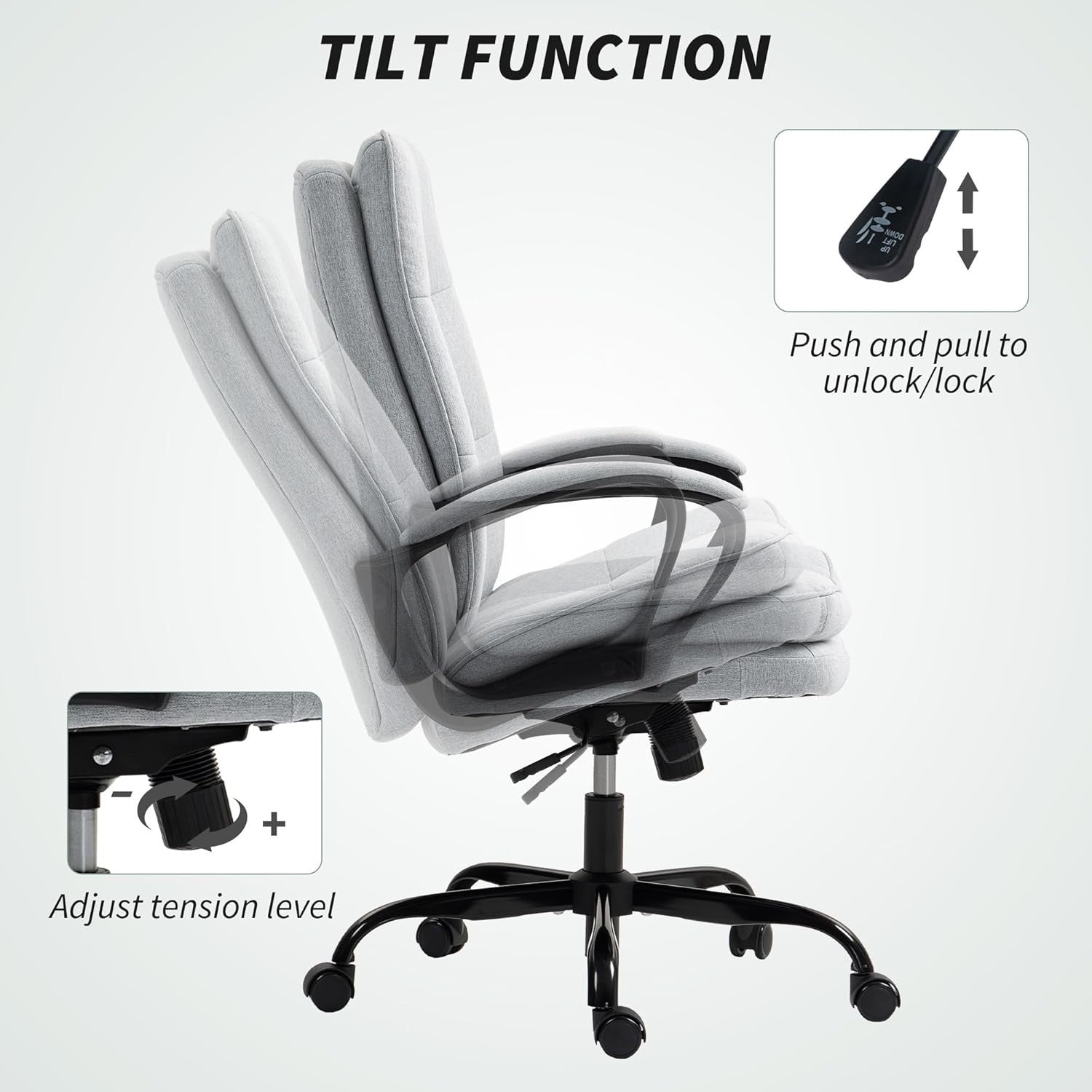 Office Desk Chair High Back Padded Linen Swivel Adjustable Tilt Wheels Grey