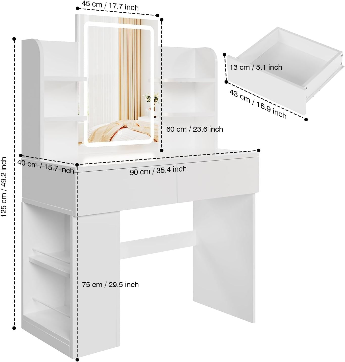 White Dressing Table Makeup Vanity LED Mirror 2 Drawers Storage Modern Wood