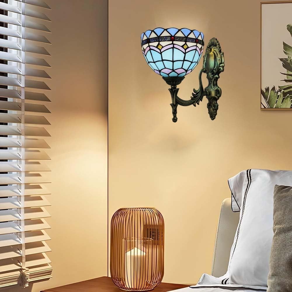 Vintage Wall Light Indoor Lamp with Stained Glass Shade, 28cm Tall