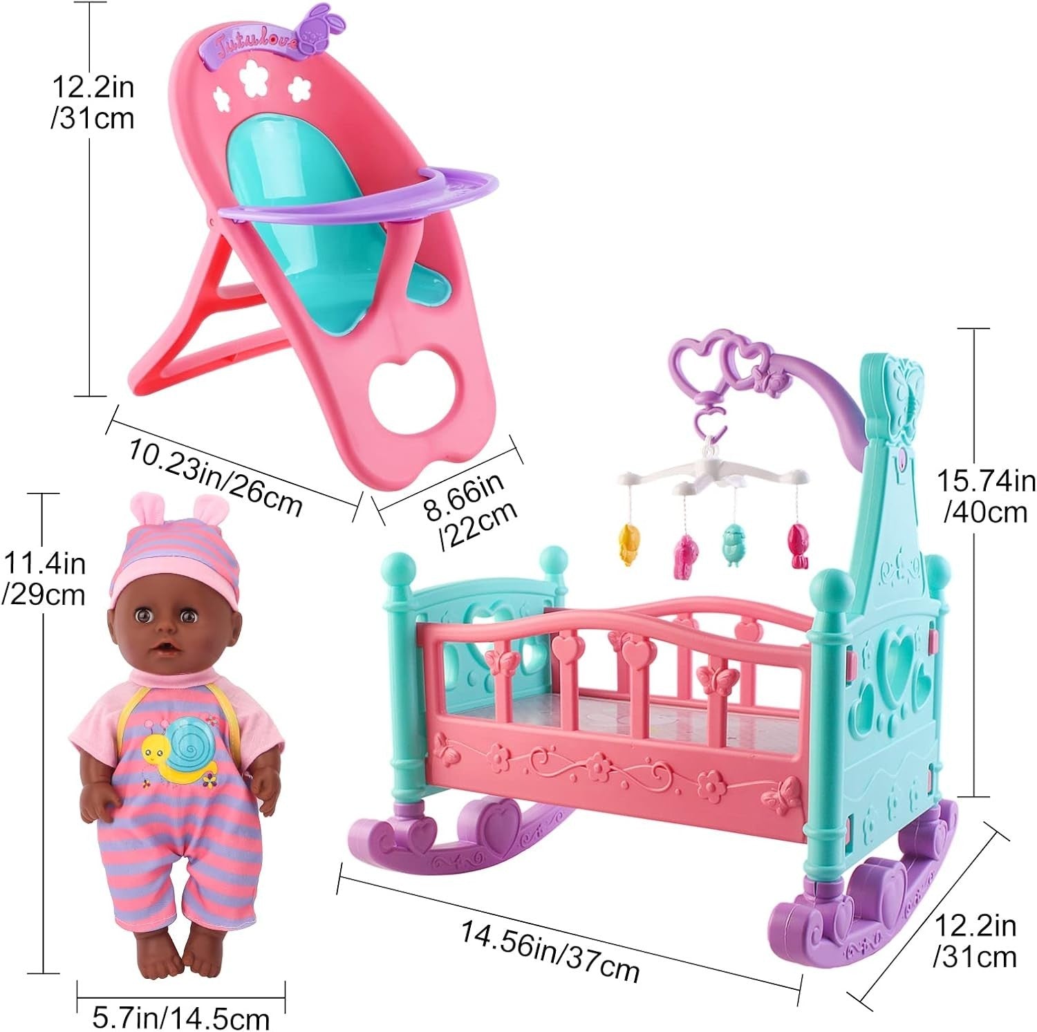 12 Inch Baby Doll Playset 21pcs w Crib High Chair Feeding Toys