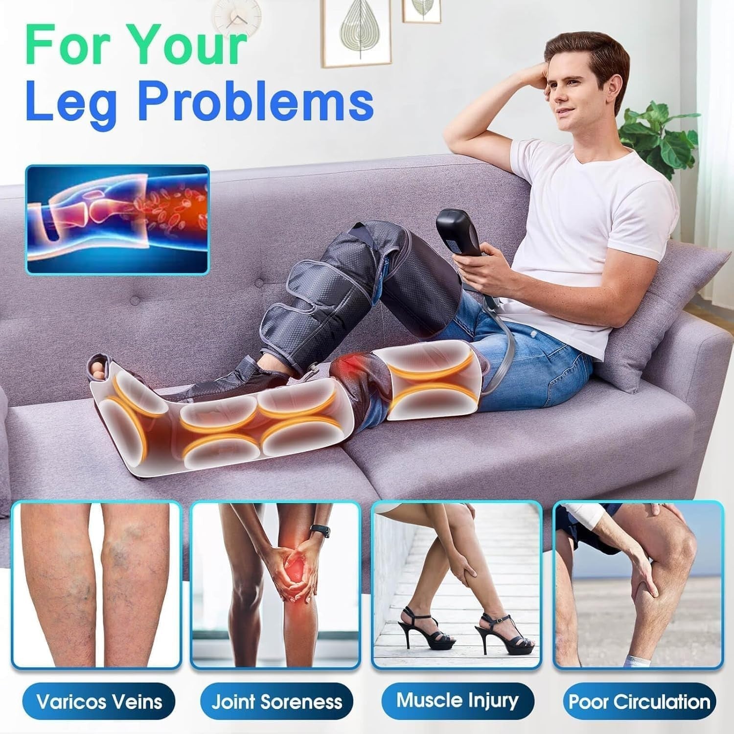 4-in-1 Air Compression Leg Massager with Heat, Knee Calf Thigh Pain Relief