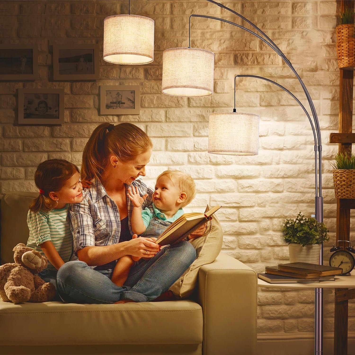 3-Head Adjustable Arc Floor Lamp with Beige Shades – Dimmable LED Lighting