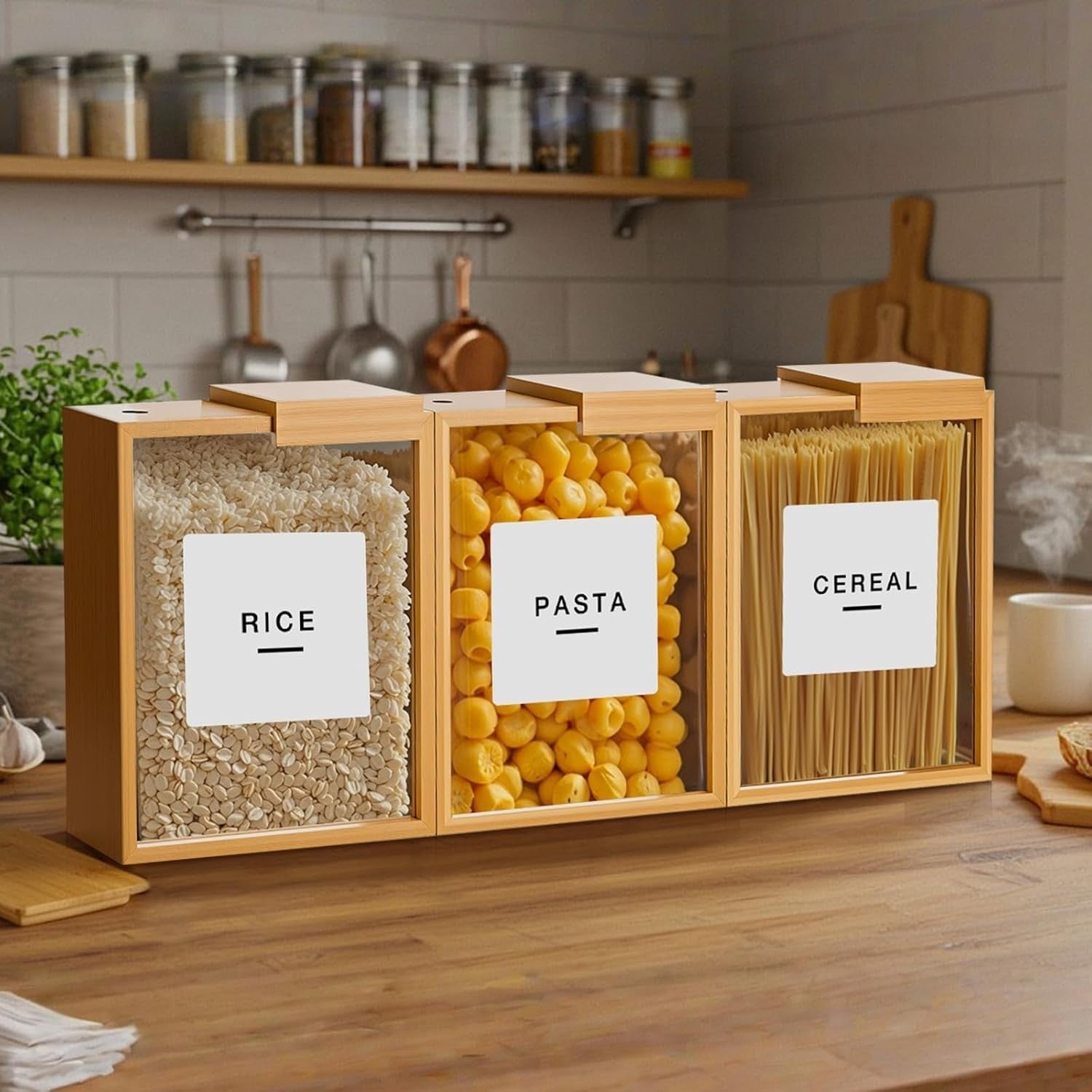 3 Bamboo Cereal Dispensers 2.2L Airtight Food Storage Containers Set
