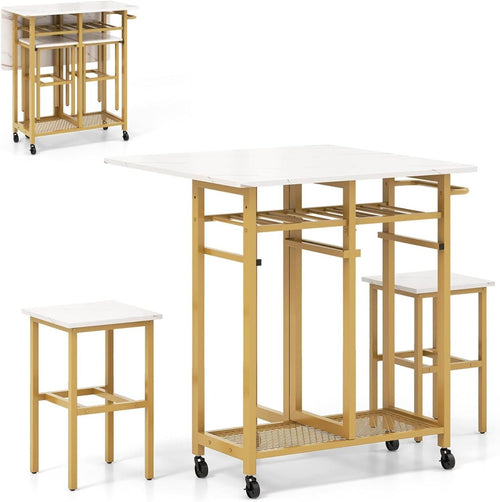 3-Piece Folding Dining Table & Stools Set White Golden with Wine Rack