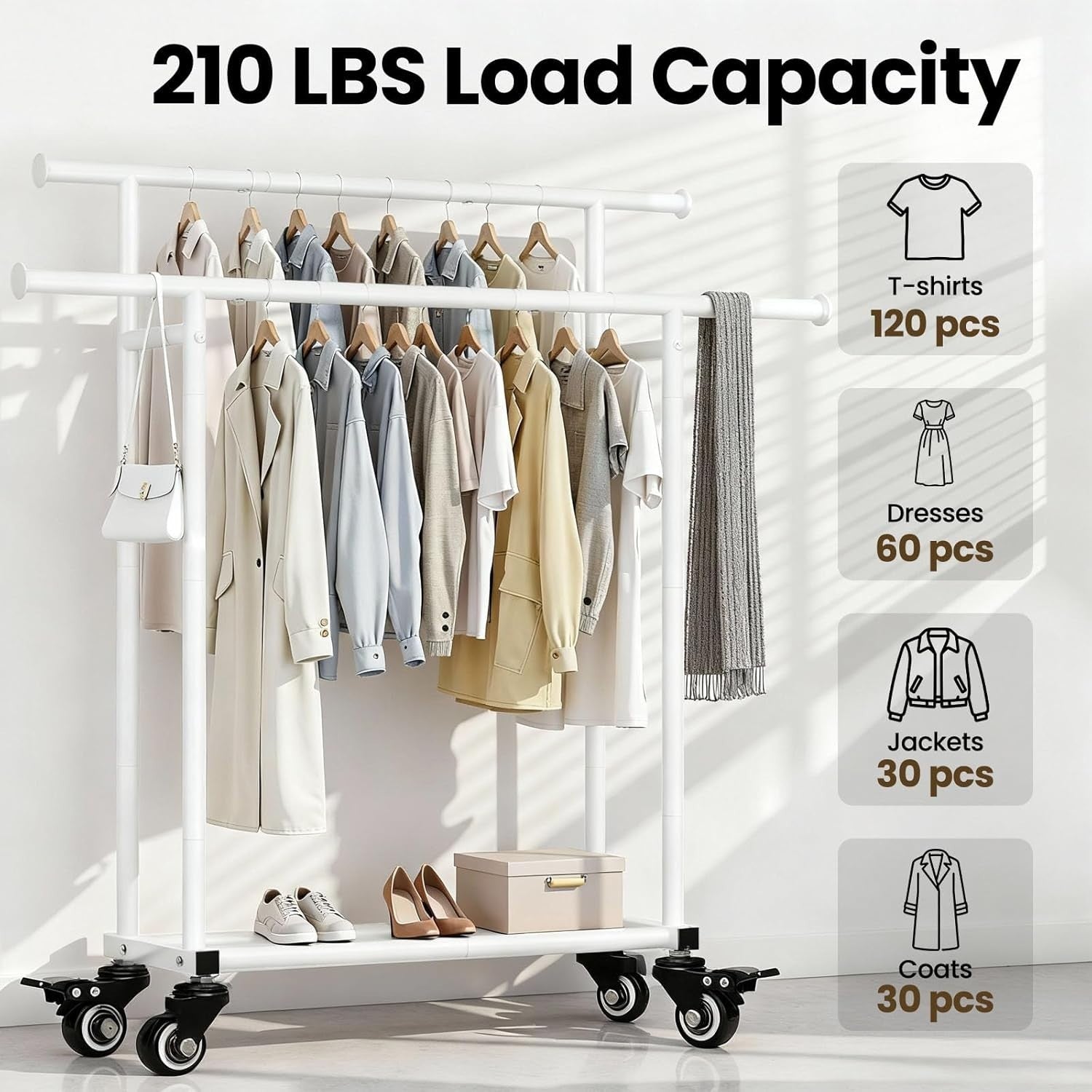 Heavy Duty Double Rail Clothes Rack with Wheels & Shelf – White