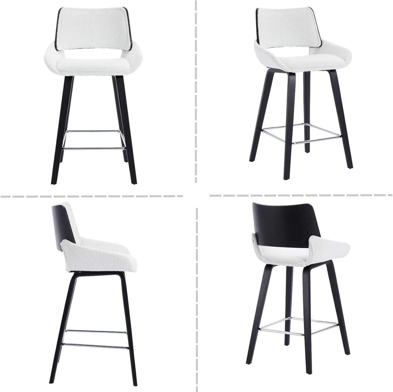 Modern White Bar Stools Set of 2 | Sherpa Seat, Solid Wood Frame