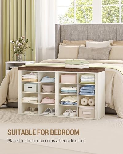 White & Brown Shoe Storage Bench with Cushion & 16 Adjustable Compartments