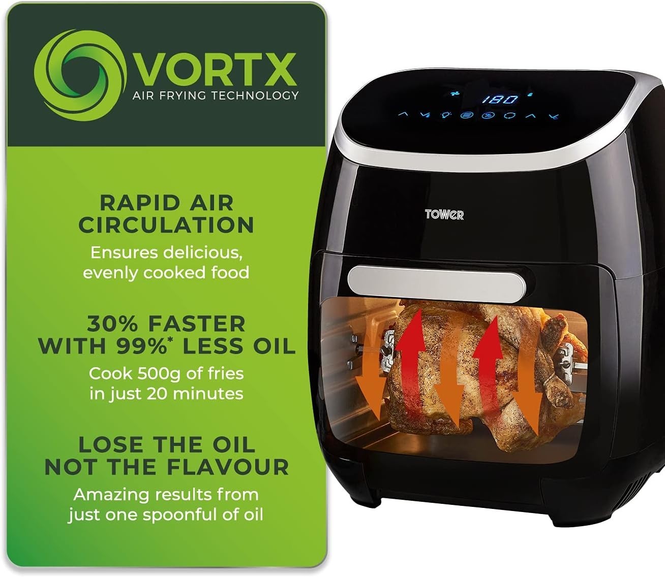 11L Digital Air Fryer Oven 5-in-1 Rapid Cook Rotisserie 2000W Vortx Technology