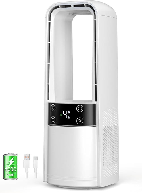 Bladeless Desk Fan – 120° Quiet 4-Speed Rechargeable w/ LED Touch Night Light