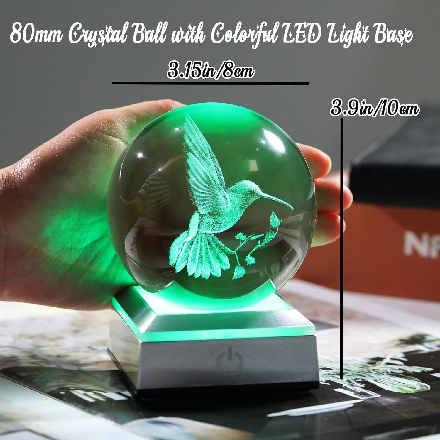3D Crystal Hummingbird Ball LED Light 8cm K9 Glass Ornament Gift Home Decor