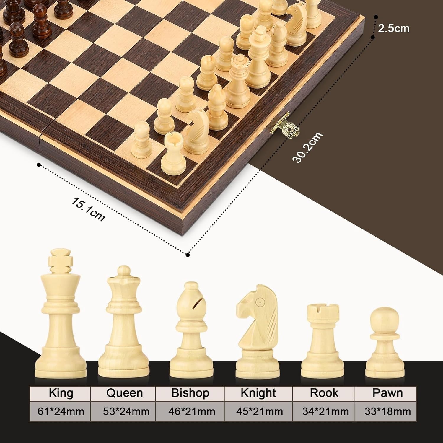 Wooden Magnetic Chess Set 30cm Folding Board w/ Storage & Extra Queens Ebony