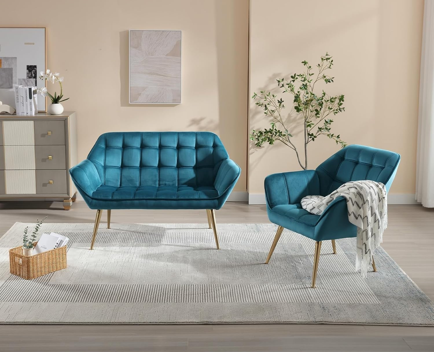 Blue Velvet 2 Seater Sofa Tub Chair Loveseat Metal Legs Lounge Armchair