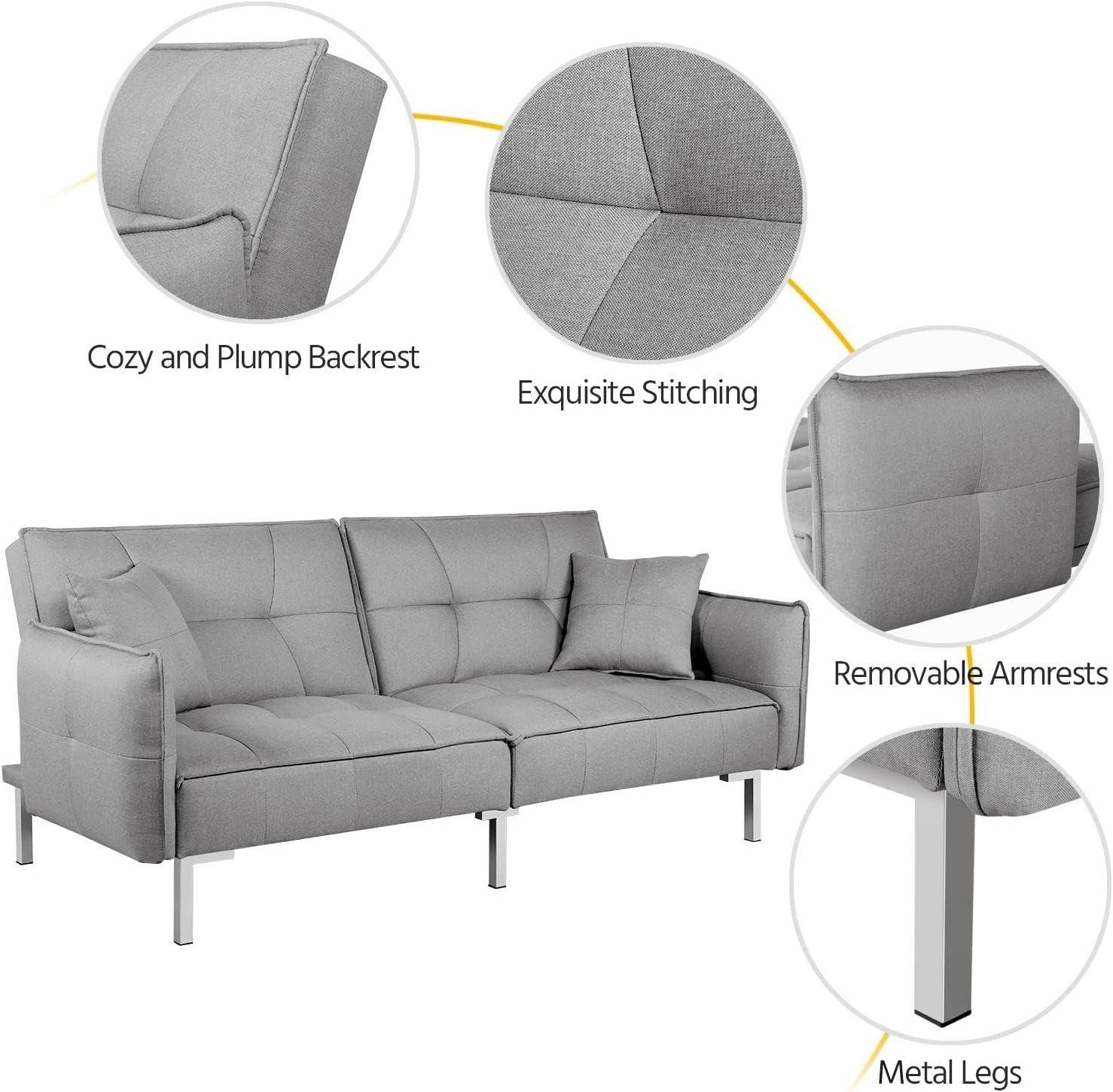 Grey Sofa Bed 3 Seater Click Clack Recliner with Arms & Cushions