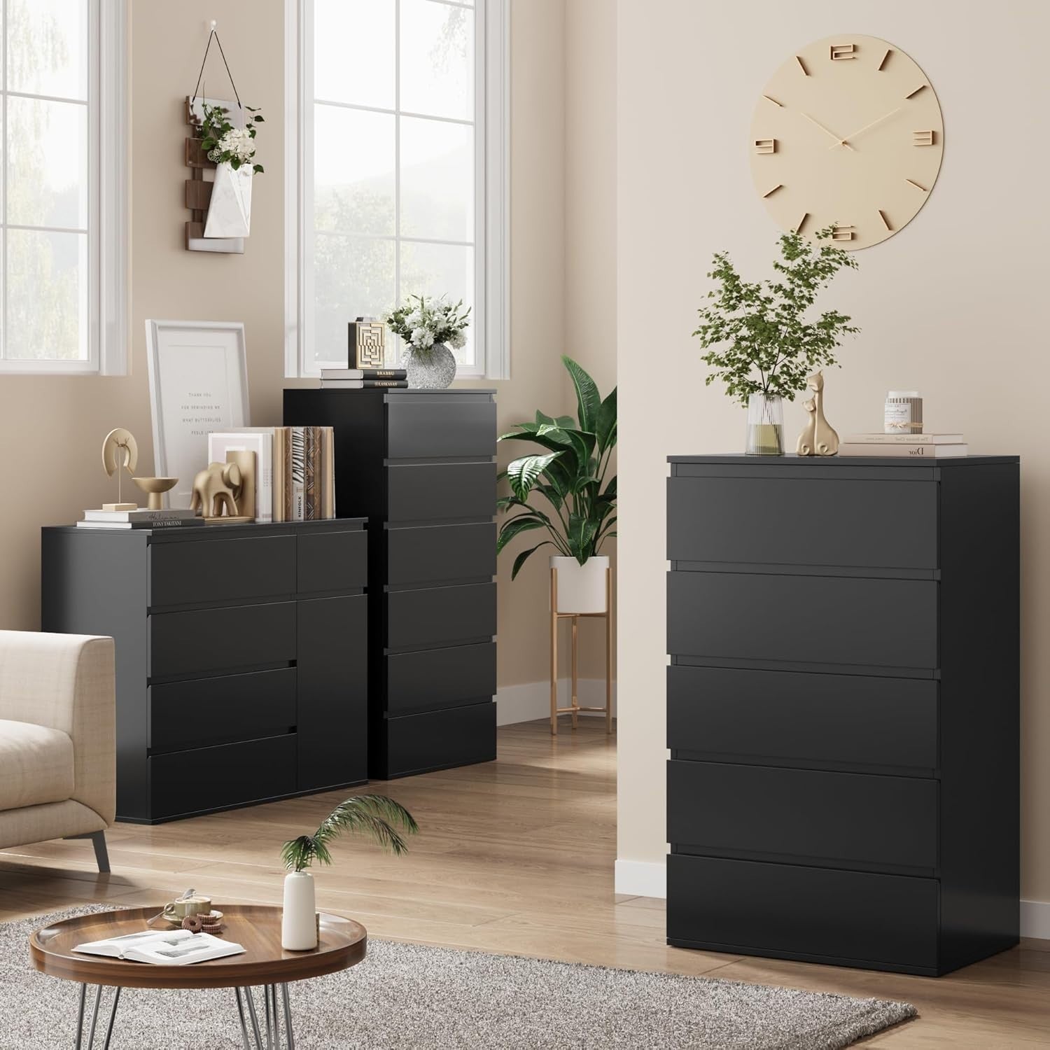 Black 5 Drawer Tall Chest Storage Cabinet Bedroom Organizer Furniture Unit
