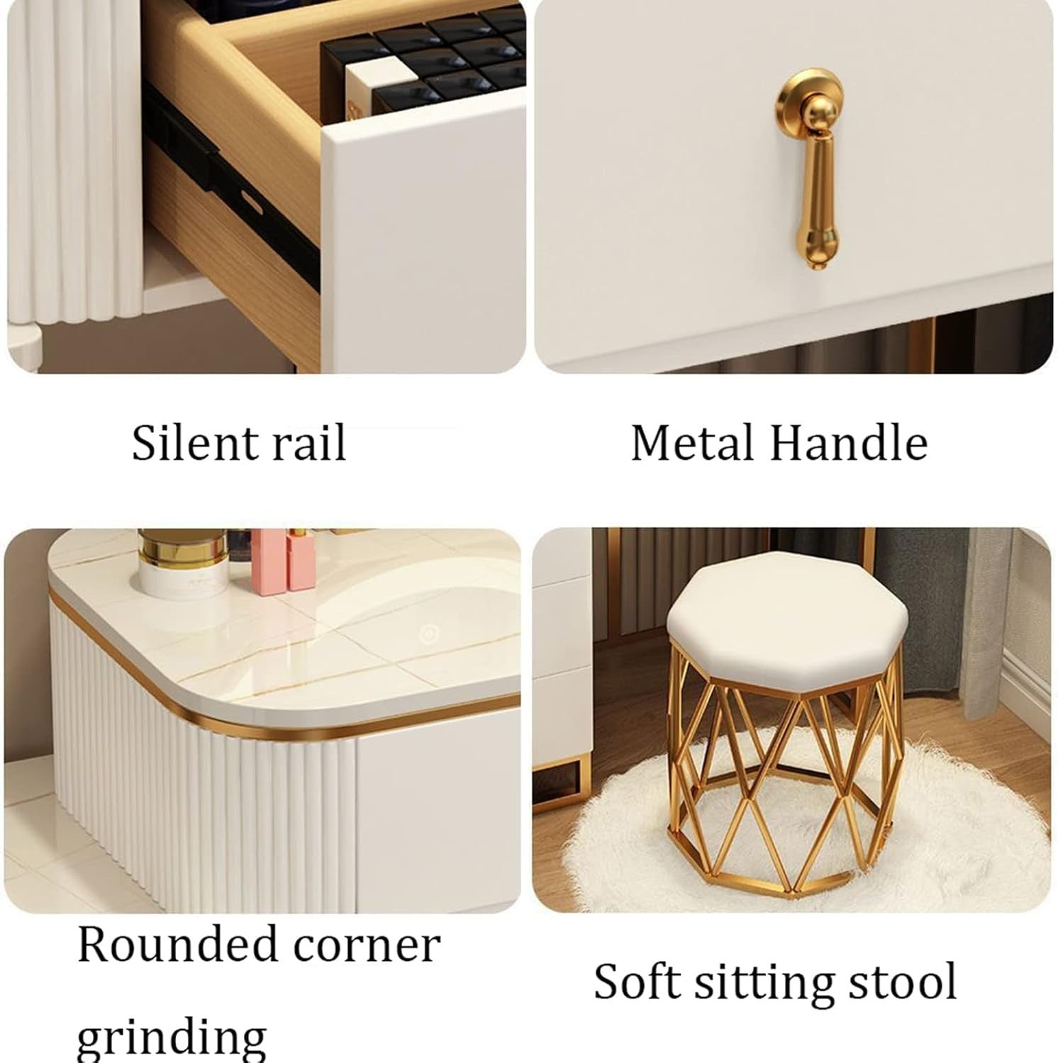 Modern LED Vanity Table Set with Mirror & Stool – Makeup Desk Storage White Grey