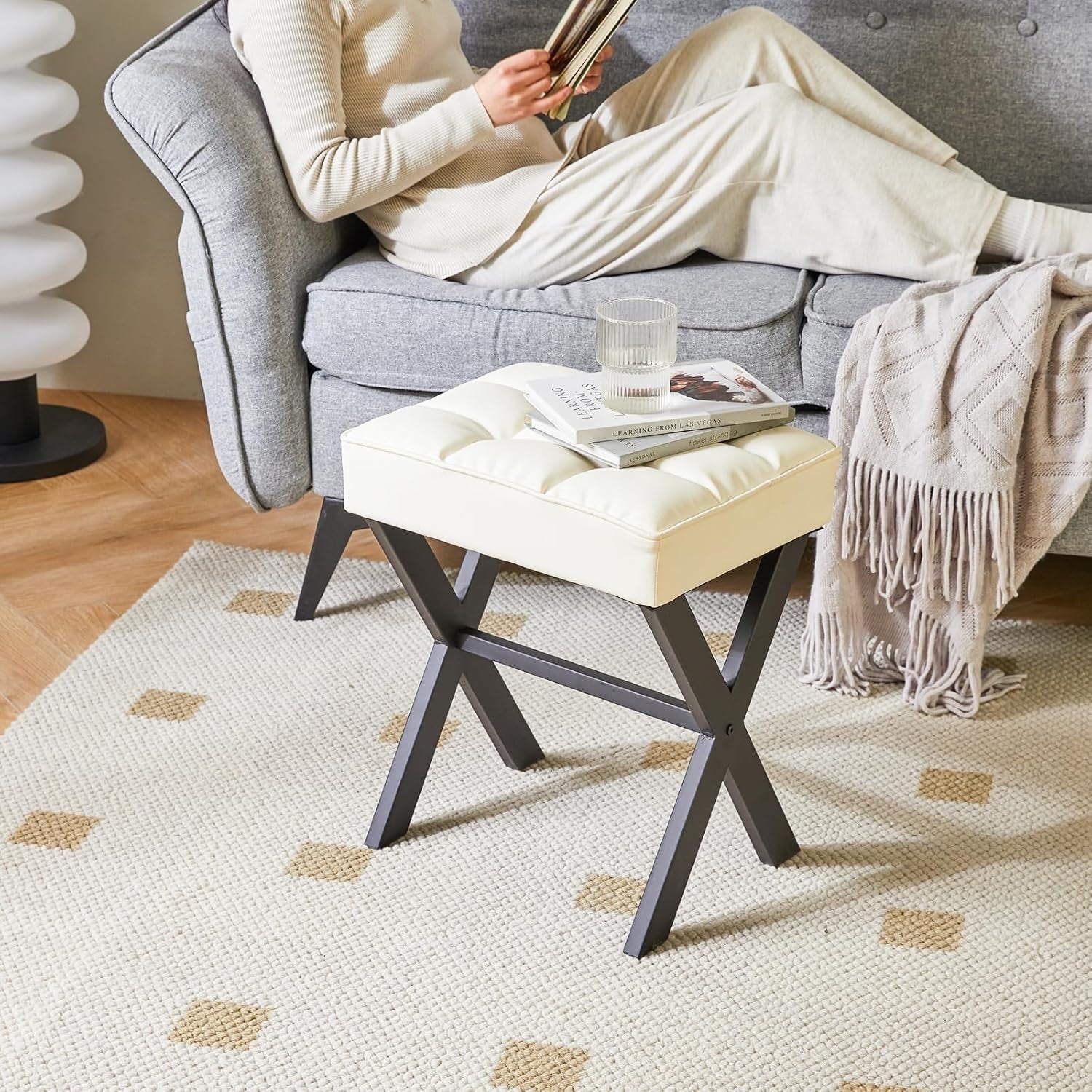 White PU X-Leg Vanity Stool – Square Makeup Seat & Footrest for Bedroom