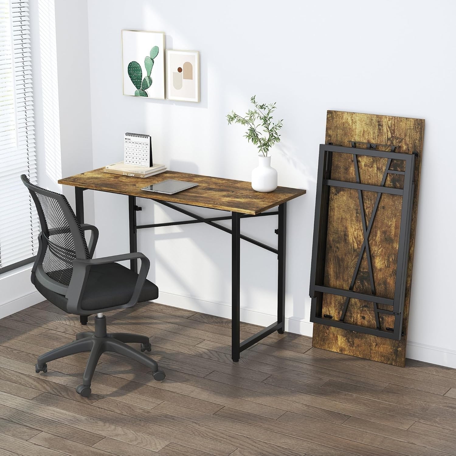 Folding Computer Desk 120cm Rustic Brown No Assembly Home Office Gaming Table