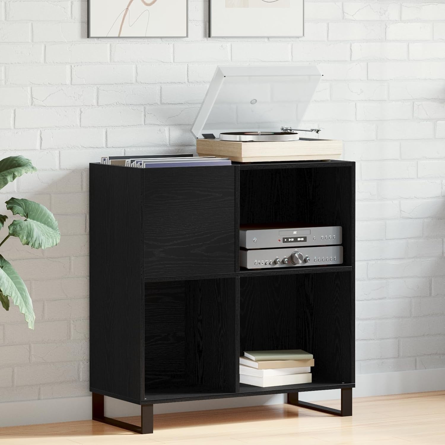 Matte Black Oak Vinyl Record Cabinet – Durable Storage with 3 Spacious Compartme