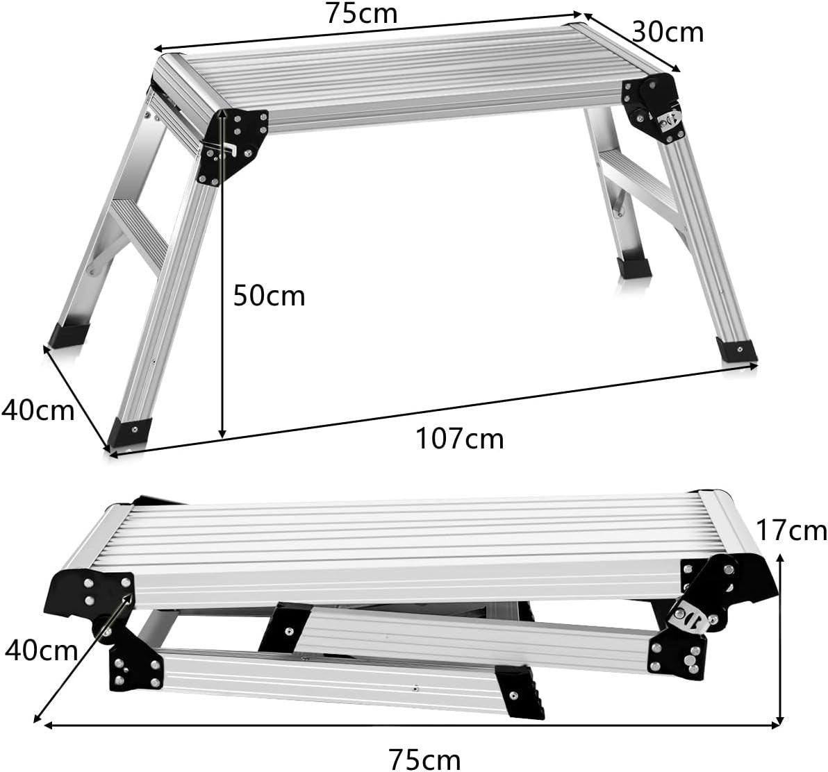 Aluminium Folding Hop Up Work Platform 150kg Anti-Slip Step Bench 107x40x50