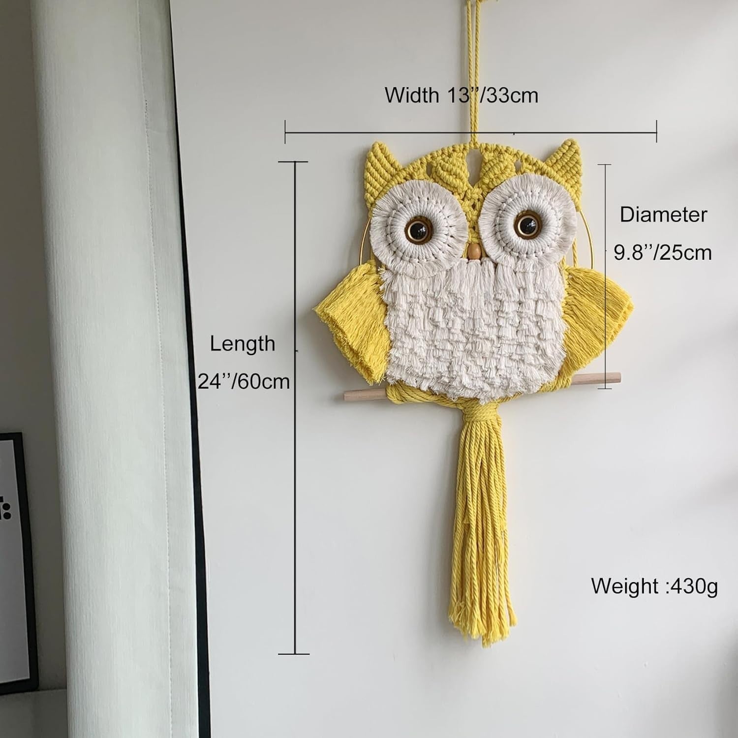 Yellow Macrame Owl Wall Hanging Boho Fiber Art Home Decor