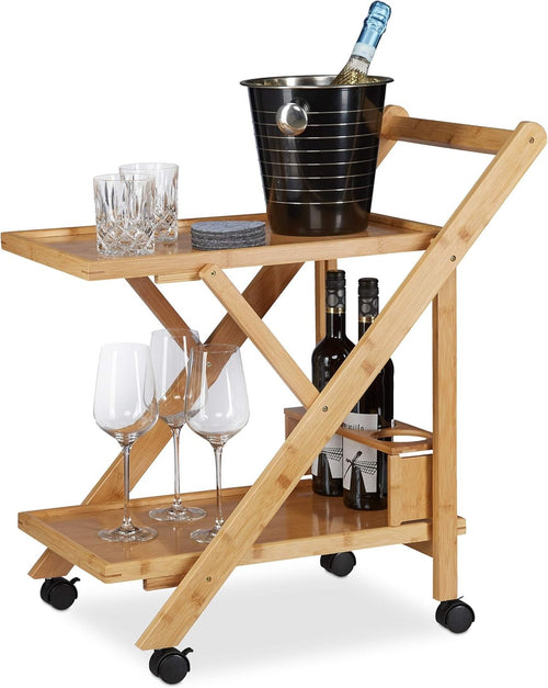 Foldable Bamboo Kitchen Trolley on Wheels Wooden Serving Cart with Bottle Rack