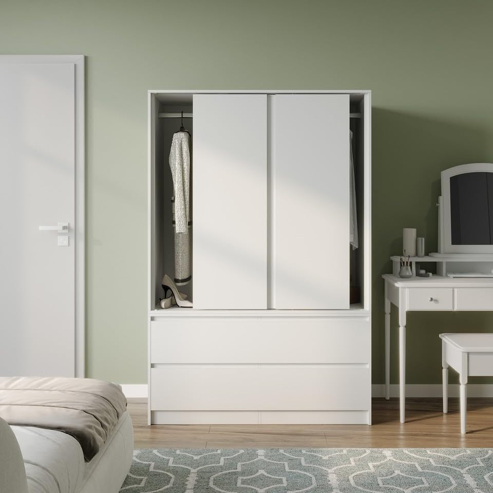 White Sliding Door Wardrobe 4 Drawer Storage Hanging Rail Modern Unit
