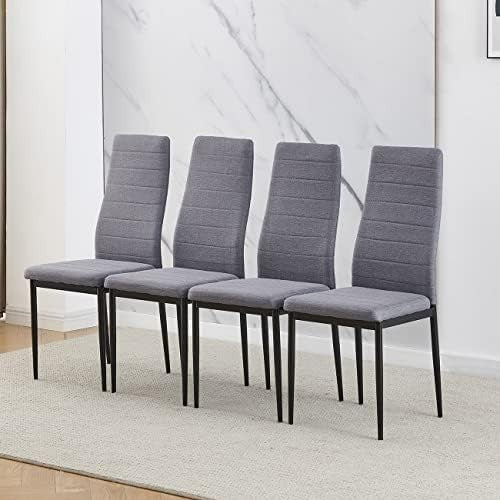 Round Glass Dining Table Set with 4 Grey Linen Chairs Modern Small Space