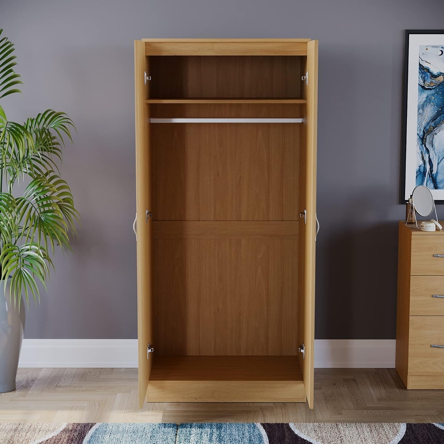 2 Door Pine Wardrobe with Shelf & Hanging Rail, Tall Bedroom Storage