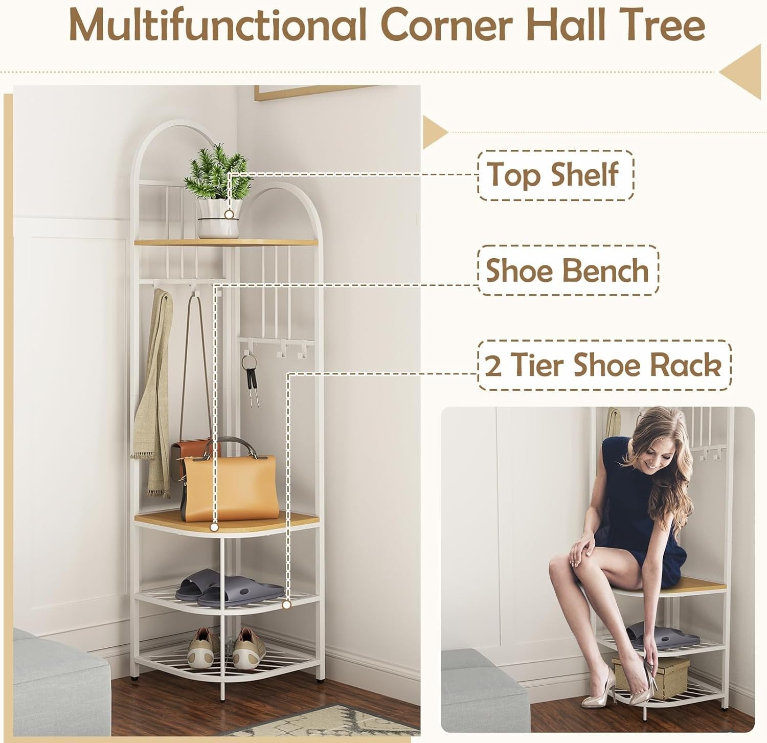 Natural White Corner Coat Rack 4-Tier Hall Tree with Shoe Bench & Hooks