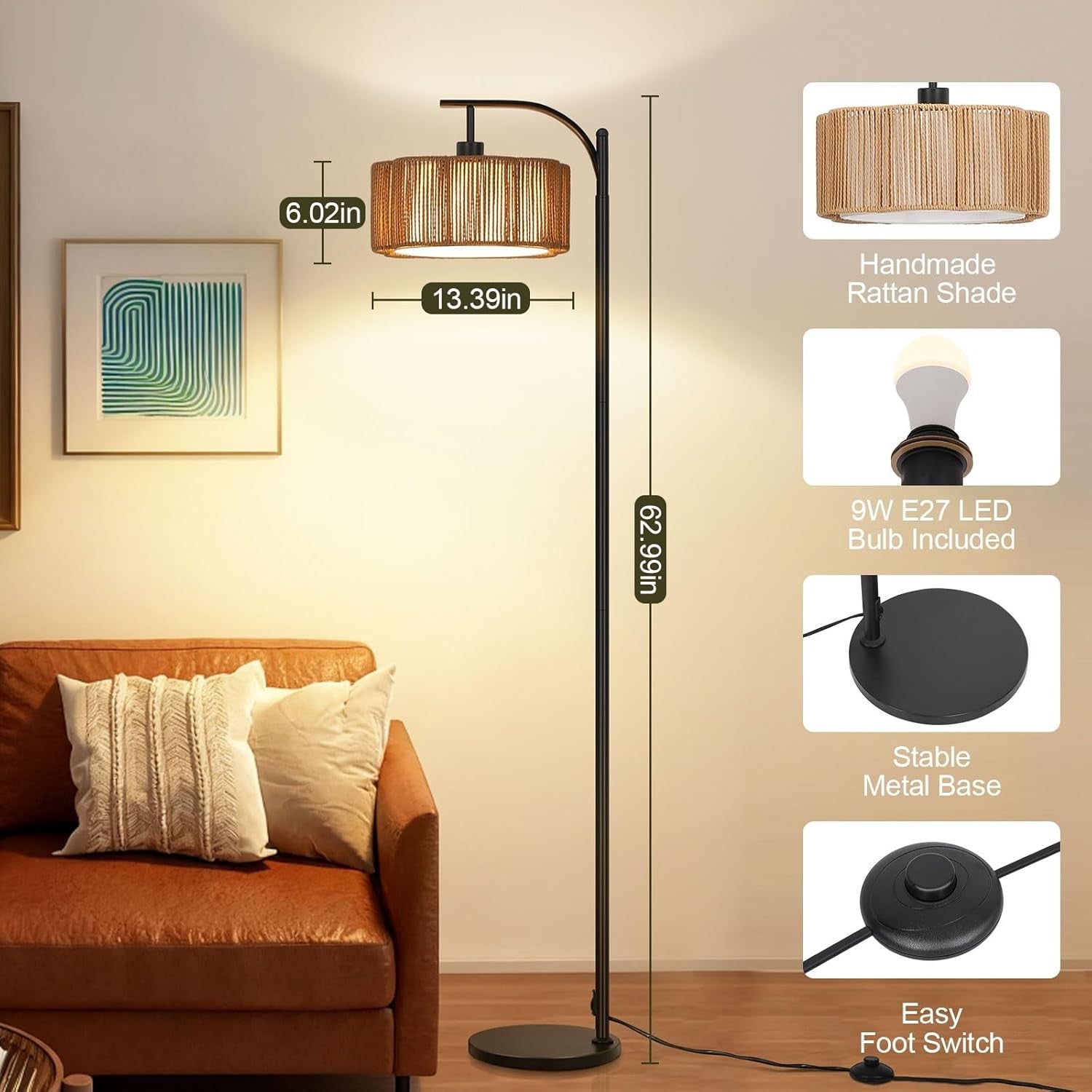 RGB Dimmable Floor Lamp Remote App Control Rattan Shade Music Sync E27